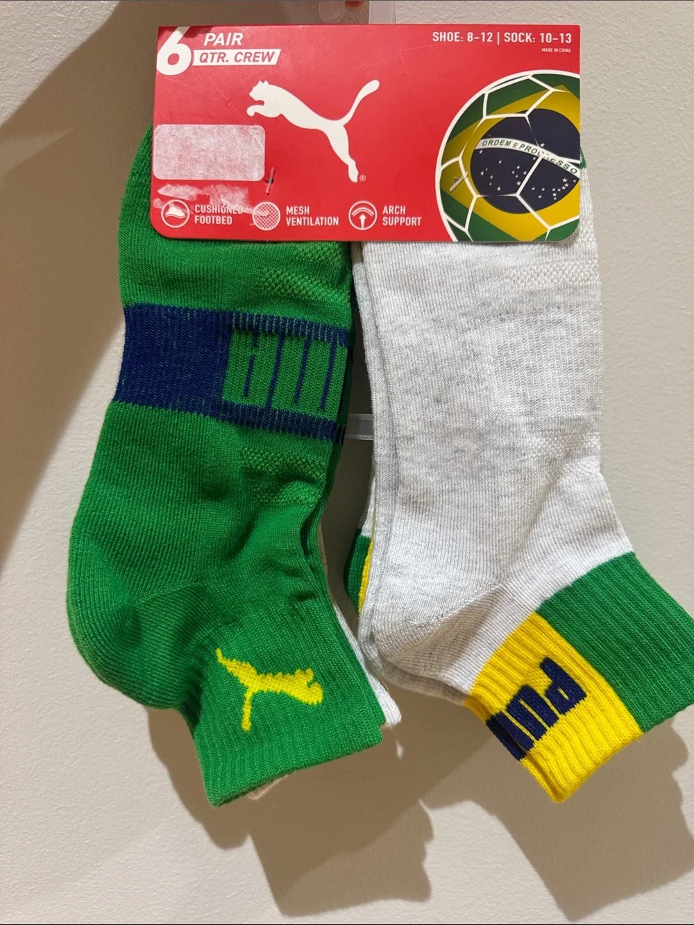 PUMA Men's Brazil Quarter Crew Socks - Green & White (6-Pack) NEW